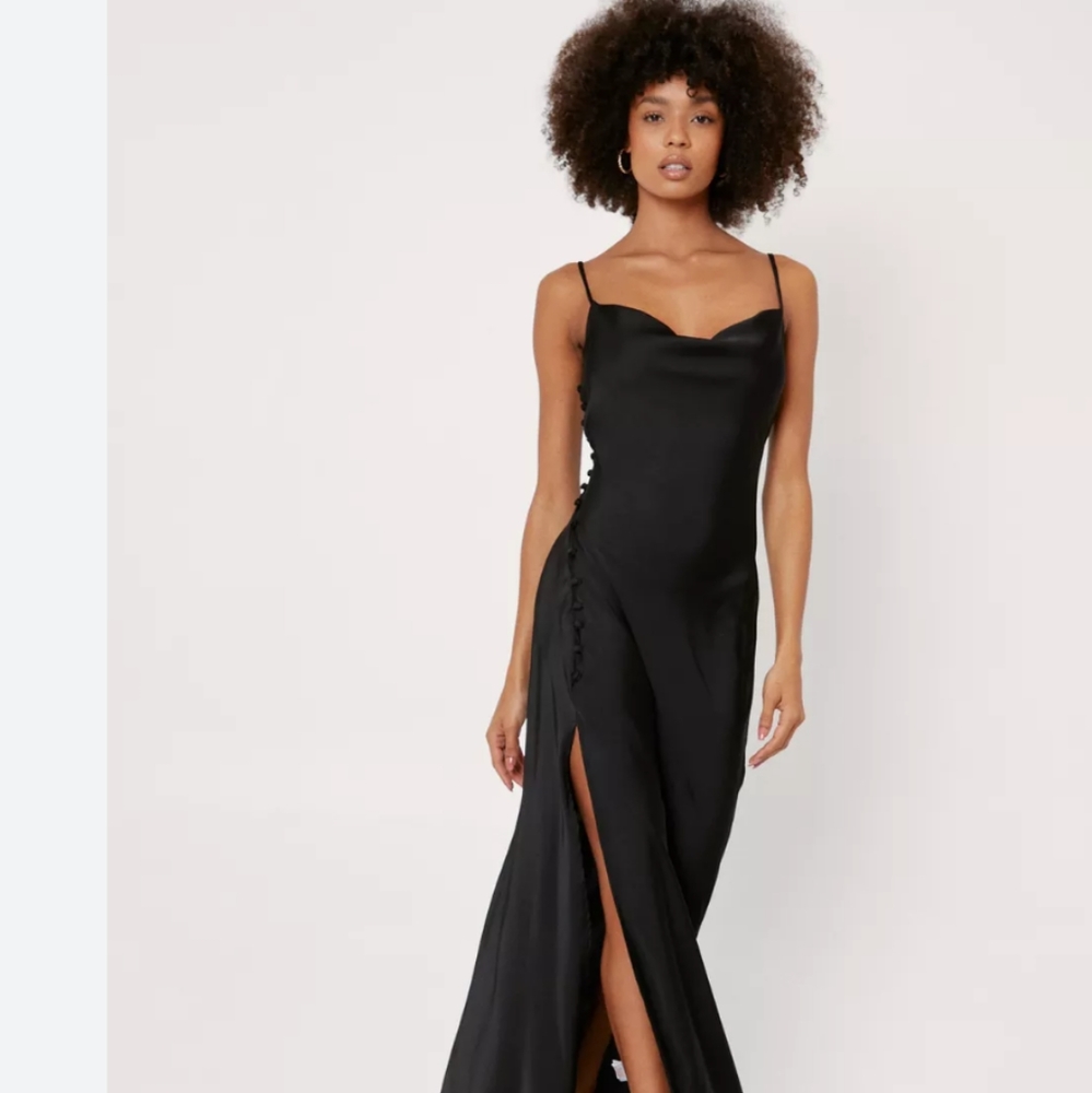 Black Satin Cowl Neck Button Side Slip Midi Dress